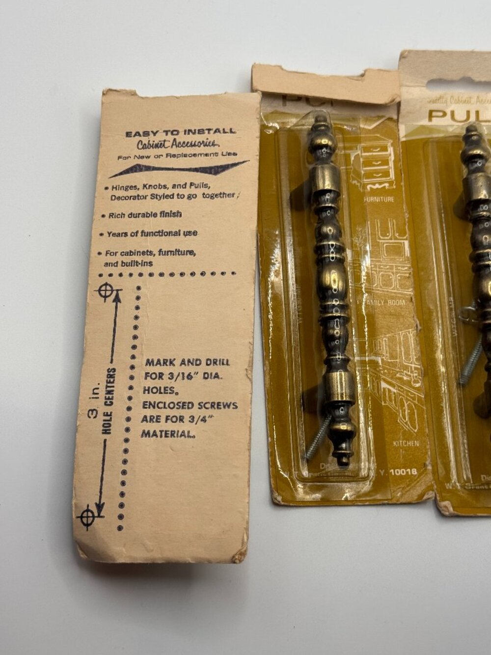 NWT Vintage Mid-Century Brass Cabinet Pulls Handles Set of 3 (3" Hole Centers)